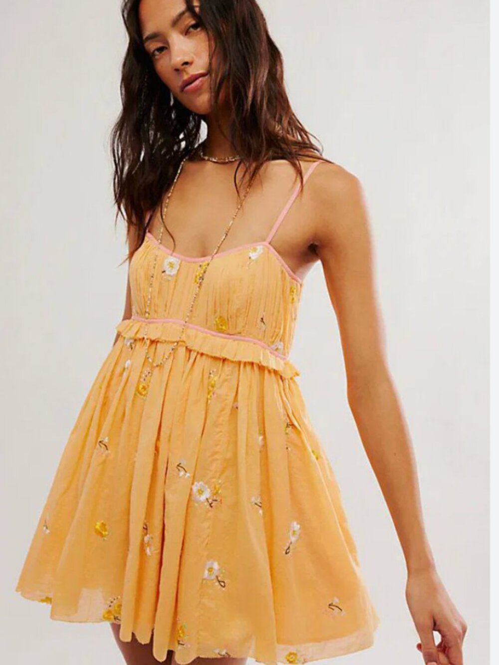 Free People Alana Babydoll Dress- Mini- Yellow/Orange-Embroidered-M-MSRP  $128 - Picture 2 of 16